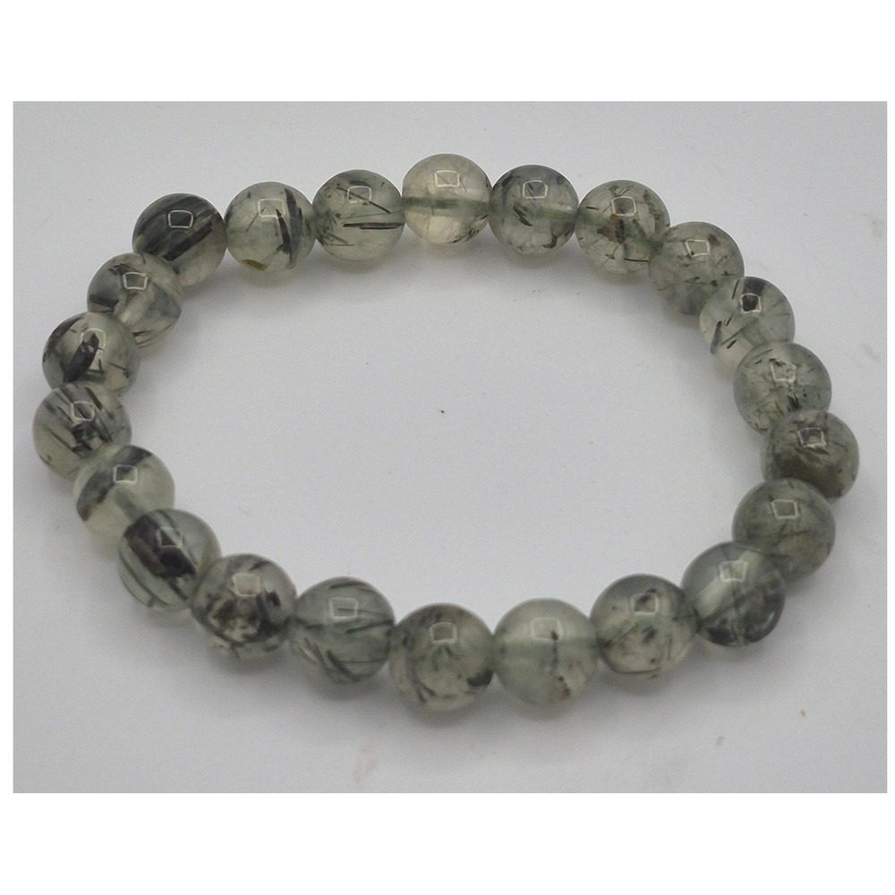 Natural Prehnite Bracelet Tourmaline Quartz Black Rutilated Bead Stretch Green